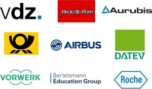 Logos von Bertelsmann Vorwerk Arubis Airbus Roche Vdz Post Refernezen Mediamarkt